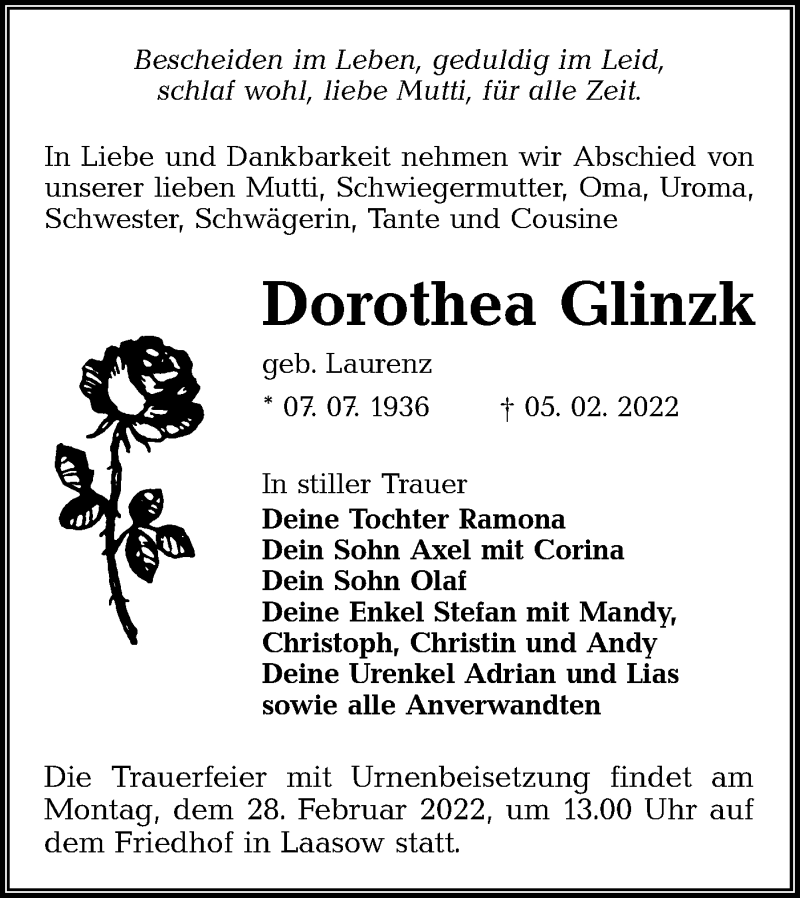  Traueranzeige für Dorothea Glinzk vom 12.02.2022 aus lausitzer_rundschau