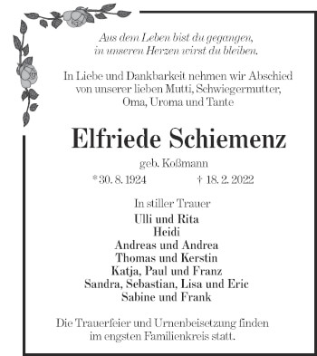 Traueranzeige von Elfriede Schiemenz von lausitzer_rundschau