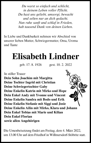 Traueranzeige von Elisabeth Lindner von lausitzer_rundschau