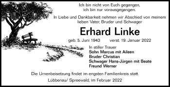 Traueranzeige von Erhard Linke von lausitzer_rundschau