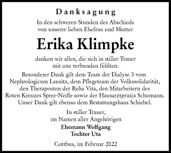 Traueranzeige von Erika Klimpke von lausitzer_rundschau