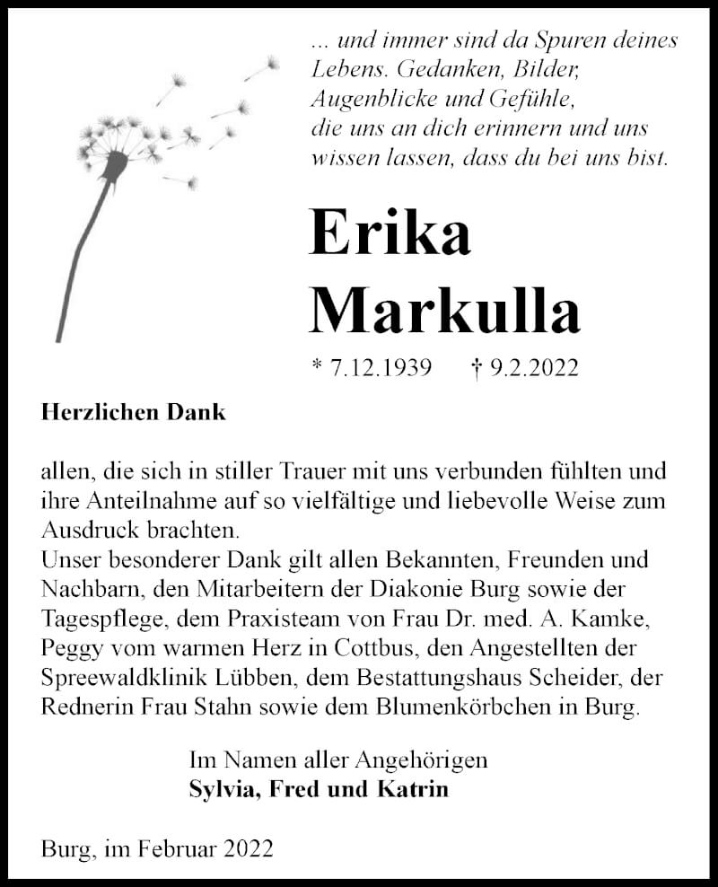  Traueranzeige für Erika Markulla vom 26.02.2022 aus lausitzer_rundschau