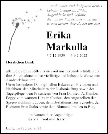 Traueranzeige von Erika Markulla von lausitzer_rundschau