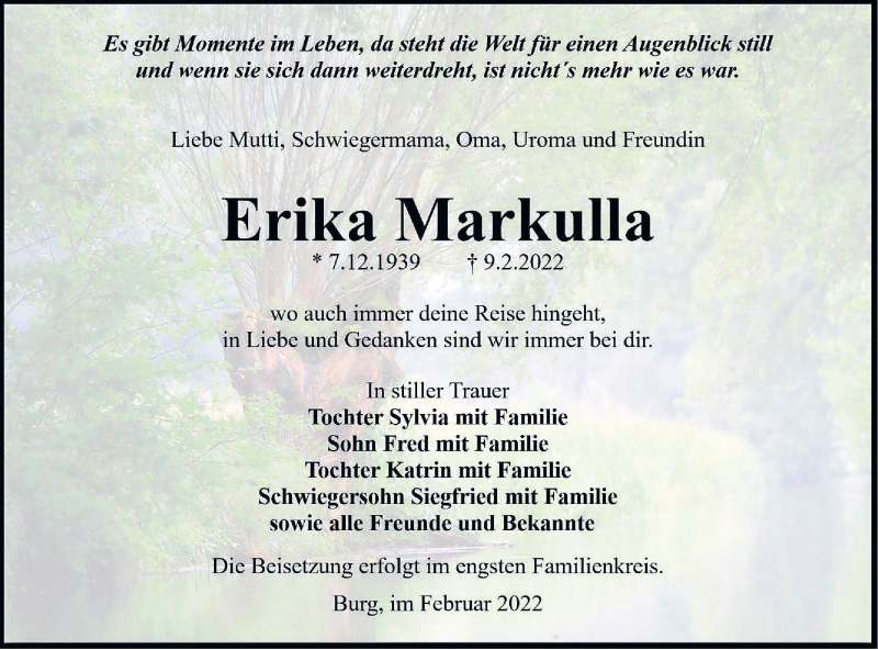  Traueranzeige für Erika Markulla vom 12.02.2022 aus lausitzer_rundschau