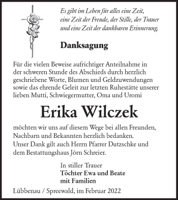 Traueranzeige von Erika Wilczek von lausitzer_rundschau