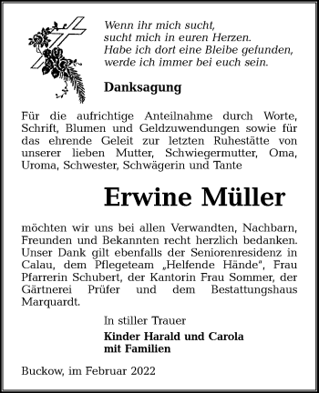 Traueranzeige von Erwine Müller von lausitzer_rundschau