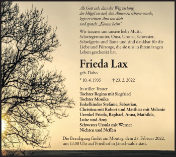 Traueranzeige von Frieda Lax von lausitzer_rundschau