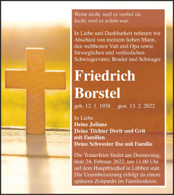 Traueranzeige von Friedrich Borstel von lausitzer_rundschau