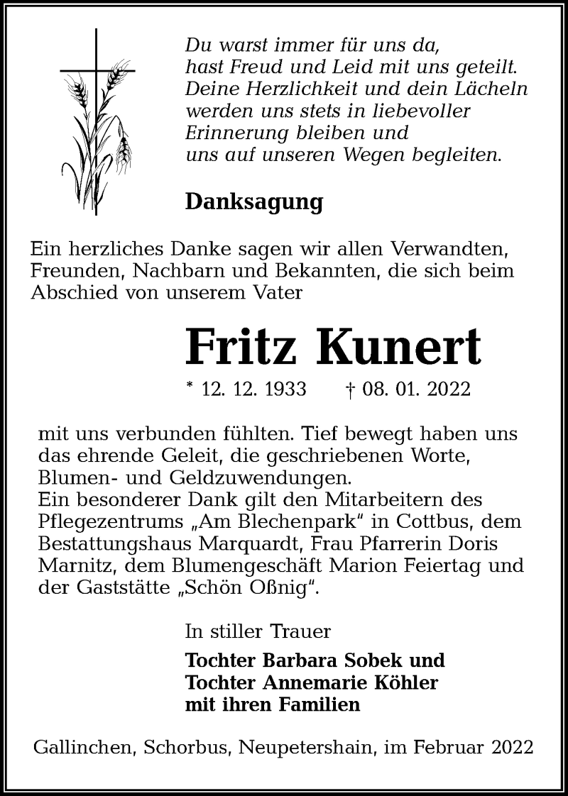  Traueranzeige für Fritz Kunert vom 05.02.2022 aus lausitzer_rundschau