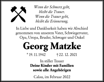 Traueranzeige von Georg Matzke von lausitzer_rundschau