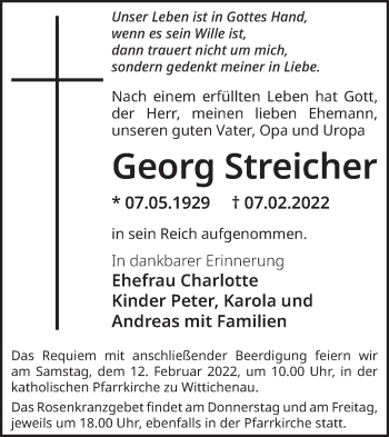 Traueranzeige von Georg Streicher von lausitzer_rundschau