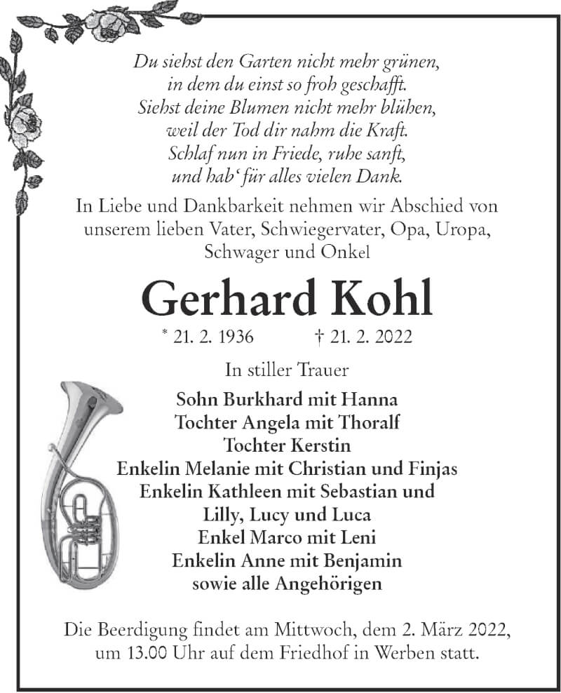  Traueranzeige für Gerhard Kohl vom 26.02.2022 aus lausitzer_rundschau