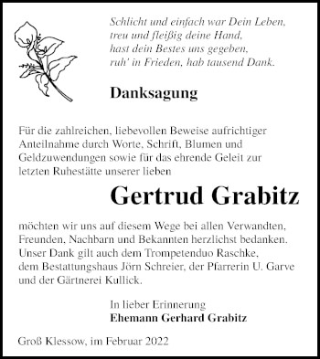 Traueranzeige von Gertrud Grabitz von lausitzer_rundschau