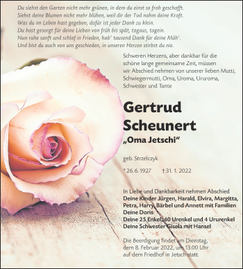 Traueranzeige von Gertrud Scheunert von lausitzer_rundschau