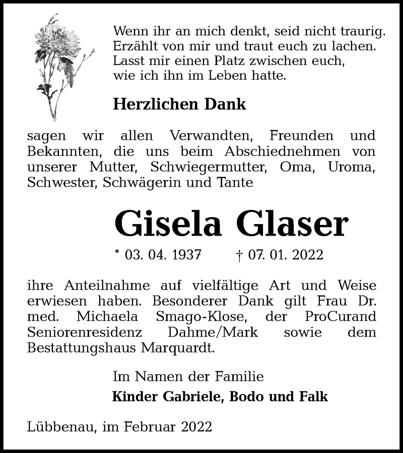  Traueranzeige für Gisela Glaser vom 19.02.2022 aus lausitzer_rundschau