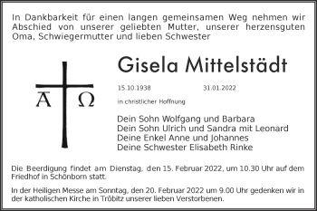 Traueranzeige von Gisela Mittelstädt von lausitzer_rundschau