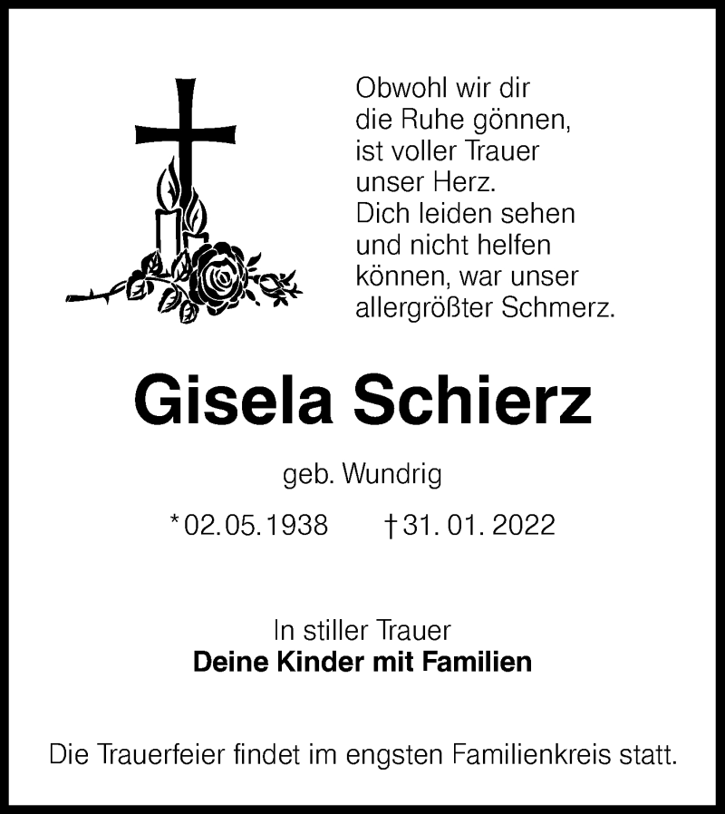  Traueranzeige für Gisela Schierz vom 12.02.2022 aus lausitzer_rundschau