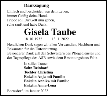 Traueranzeige von Gisela Taube von lausitzer_rundschau