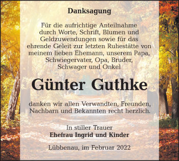 Traueranzeige von Günter Guthke von lausitzer_rundschau