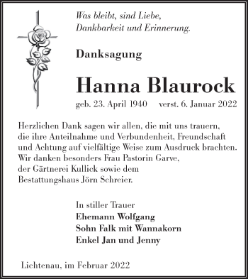Traueranzeige von Hanna Blaurock von lausitzer_rundschau