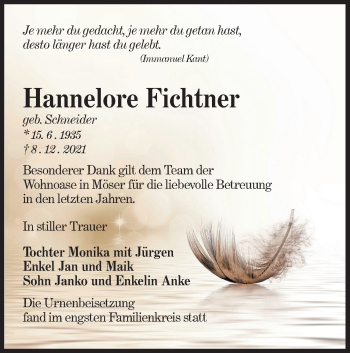Traueranzeige von Hannelore Fichtner von lausitzer_rundschau