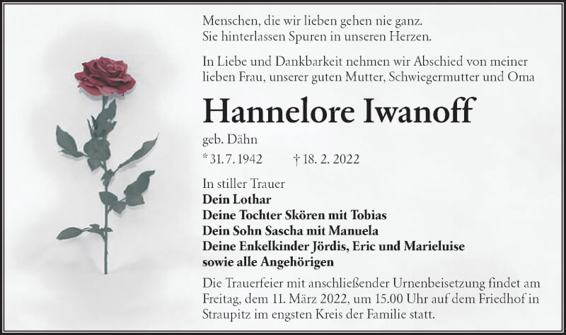  Traueranzeige für Hannelore Iwanoff vom 26.02.2022 aus lausitzer_rundschau