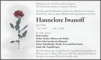 Traueranzeige von Hannelore Iwanoff von lausitzer_rundschau
