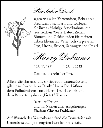 Traueranzeige von Harry Dobianer von lausitzer_rundschau