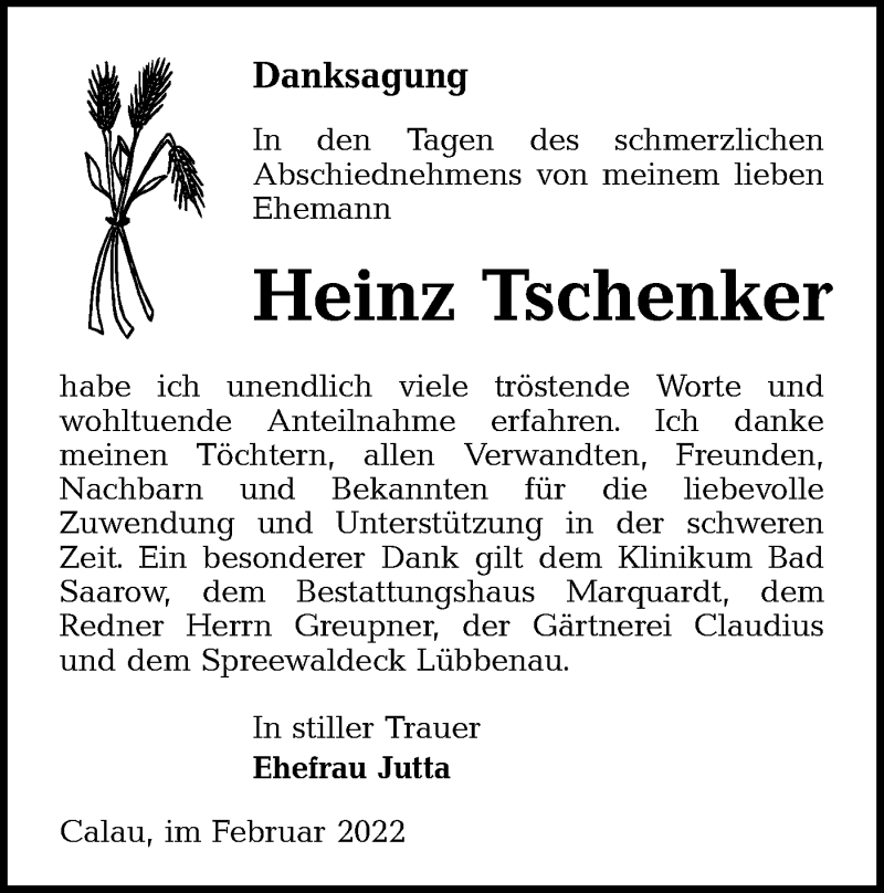  Traueranzeige für Heinz Tschenker vom 12.02.2022 aus lausitzer_rundschau
