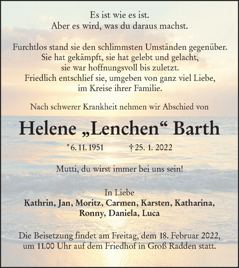  Traueranzeige für Helene Barth vom 05.02.2022 aus lausitzer_rundschau
