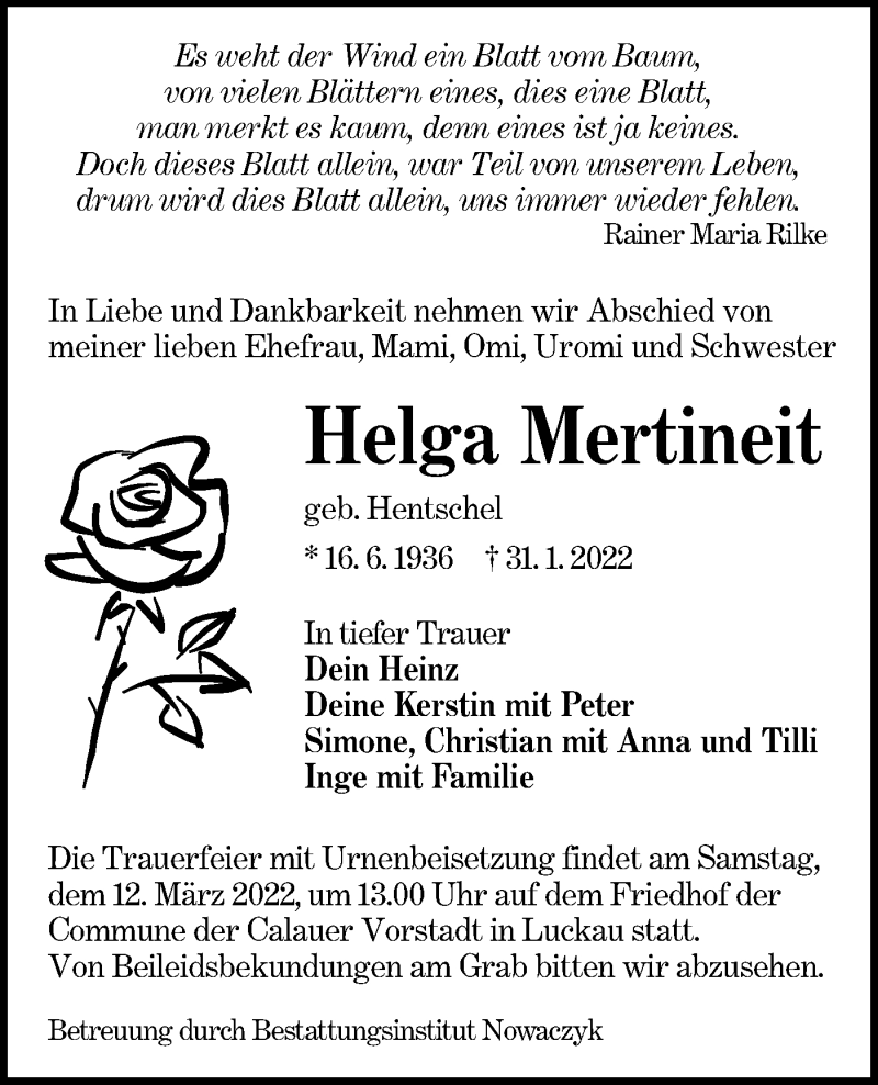  Traueranzeige für Helga Mertineit vom 12.02.2022 aus lausitzer_rundschau