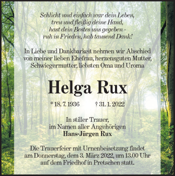 Traueranzeige von Helga Rux von lausitzer_rundschau