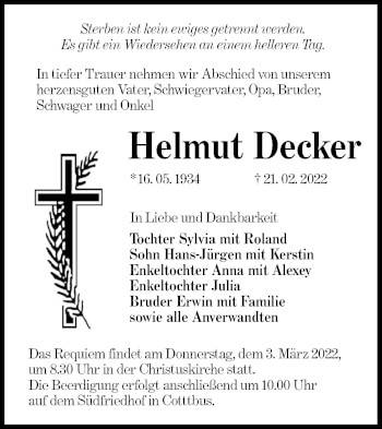 Traueranzeige von Helmut Decker von lausitzer_rundschau