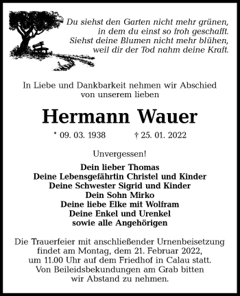 Traueranzeige von Hermann Wauer von lausitzer_rundschau