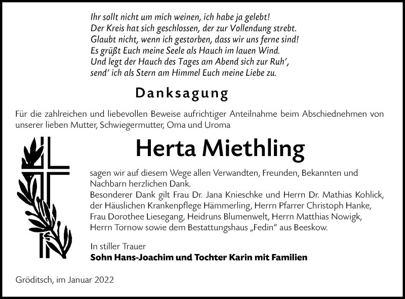  Traueranzeige für Herta Miethling vom 05.02.2022 aus lausitzer_rundschau