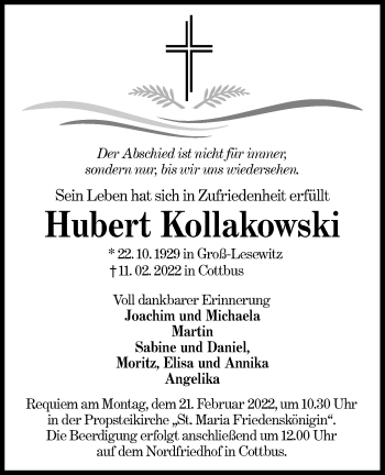Traueranzeige von Hubert Kollakowski von lausitzer_rundschau