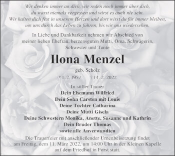 Traueranzeige von Ilona Menzel von lausitzer_rundschau