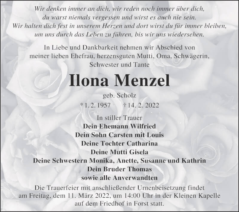  Traueranzeige für Ilona Menzel vom 26.02.2022 aus lausitzer_rundschau