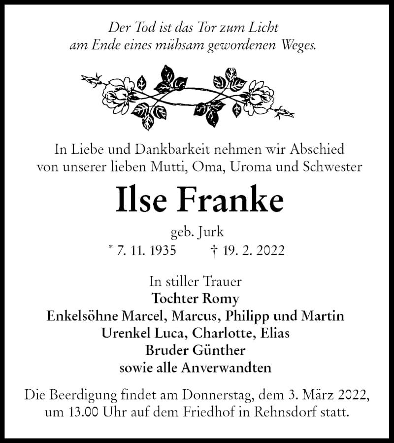  Traueranzeige für Ilse Franke vom 26.02.2022 aus lausitzer_rundschau