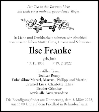 Traueranzeige von Ilse Franke von lausitzer_rundschau
