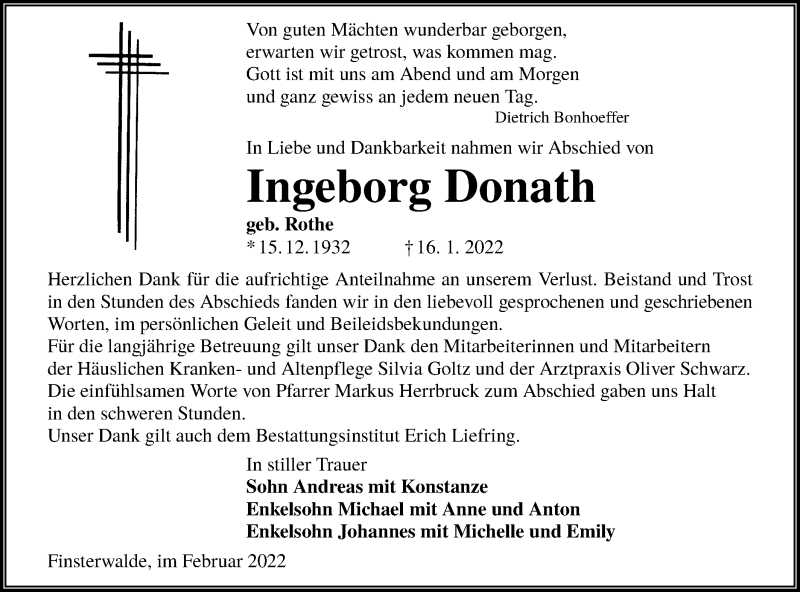  Traueranzeige für Ingeborg Donath vom 05.02.2022 aus lausitzer_rundschau