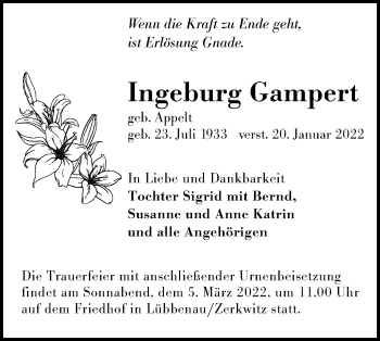 Traueranzeige von Ingeburg Gampert von lausitzer_rundschau
