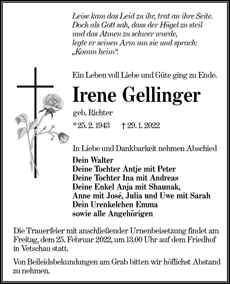  Traueranzeige für Irene Gellinger vom 05.02.2022 aus lausitzer_rundschau