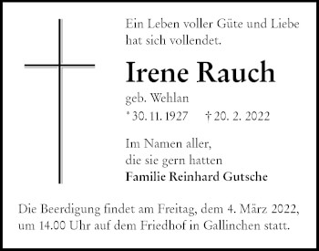 Traueranzeige von Irene Rauch von lausitzer_rundschau