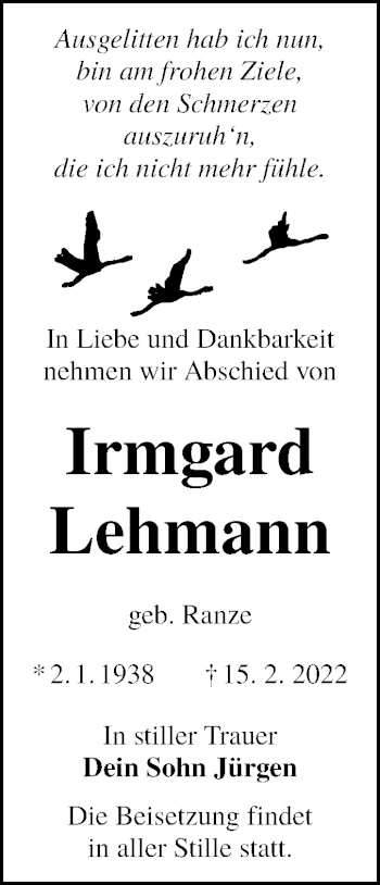 Traueranzeige von Irmgard Lehmann von lausitzer_rundschau