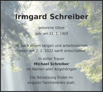 Traueranzeige von Irmgard Schreiber von lausitzer_rundschau