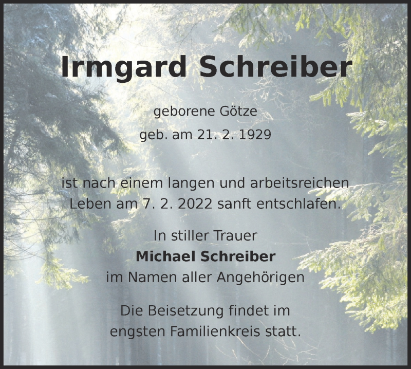  Traueranzeige für Irmgard Schreiber vom 19.02.2022 aus lausitzer_rundschau