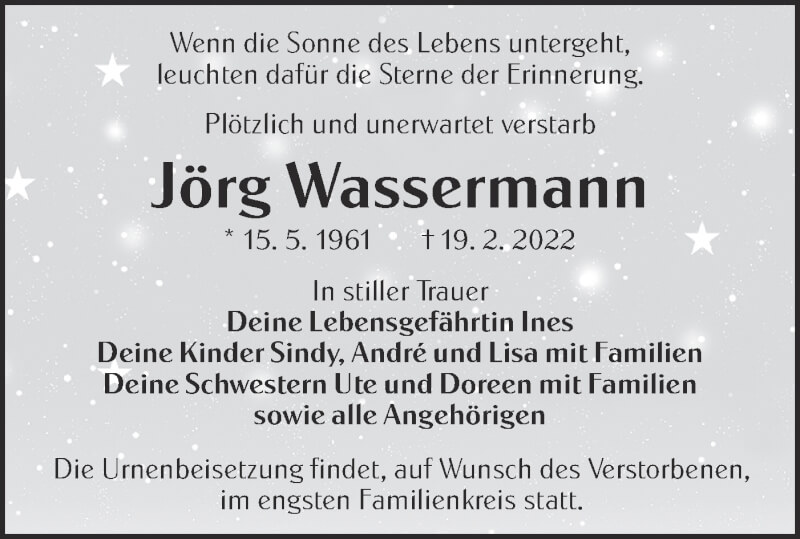  Traueranzeige für Jörg Wassermann vom 26.02.2022 aus lausitzer_rundschau