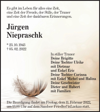 Traueranzeige von Jürgen Niepraschk von lausitzer_rundschau
