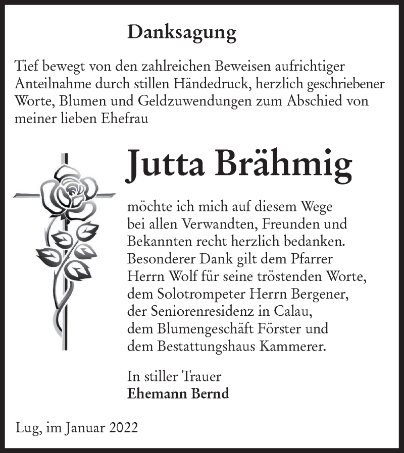  Traueranzeige für Jutta Brähmig vom 05.02.2022 aus lausitzer_rundschau